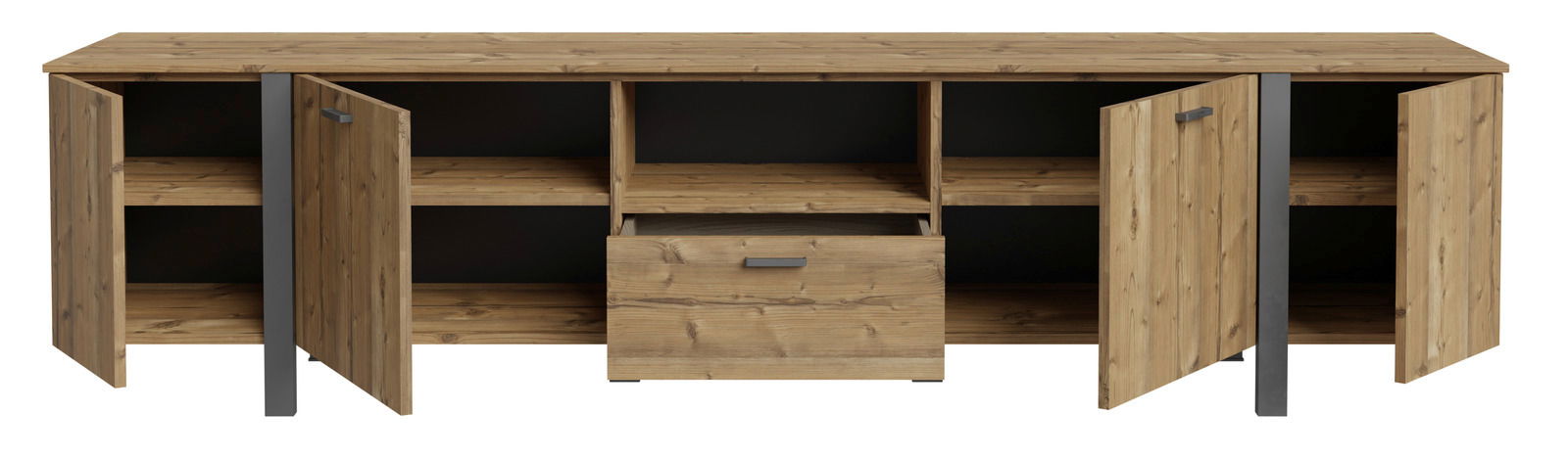 TV-Lowboard aus Holz mit offenen Türen und Schublade, frontale Ansicht