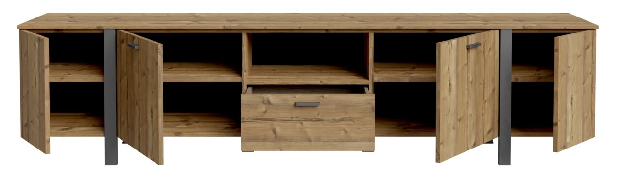 TV-Lowboard aus Holz mit offenen Türen und Schublade, frontale Ansicht