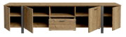 Houten tv-lowboard met open deuren en een lade, vooraanzicht