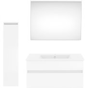 Moderne Badkombination in Weiß mit Spiegel, Waschbeckenunterschrank und hohem Schrank, Frontalansicht.