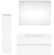 Moderne Badkombination in Weiß mit Spiegel, Waschbeckenunterschrank und hohem Schrank, Frontalansicht.