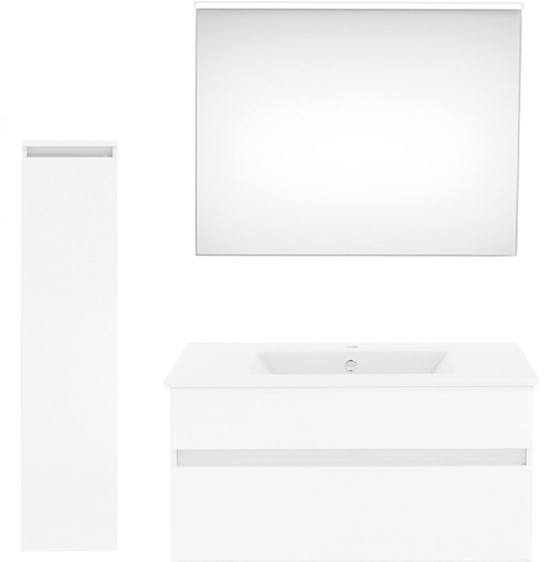 Moderne Badkombination in Weiß mit Spiegel, Waschbeckenunterschrank und hohem Schrank, Frontalansicht.