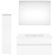 Moderne Badkombination in Weiß mit Spiegel, Waschbeckenunterschrank und hohem Schrank, Frontalansicht.