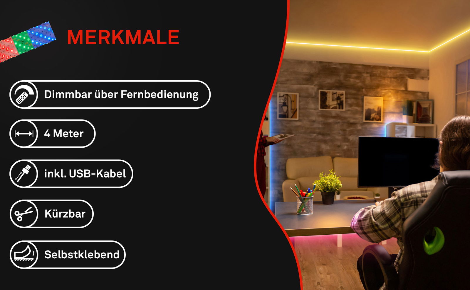 RGB-LED Flexband, 4 Meter lang, dimmbar über Fernbedienung, selbstklebend, inklusive USB-Kabel, in einem modernen Wohnzimmer installiert, Perspektive von der Seite