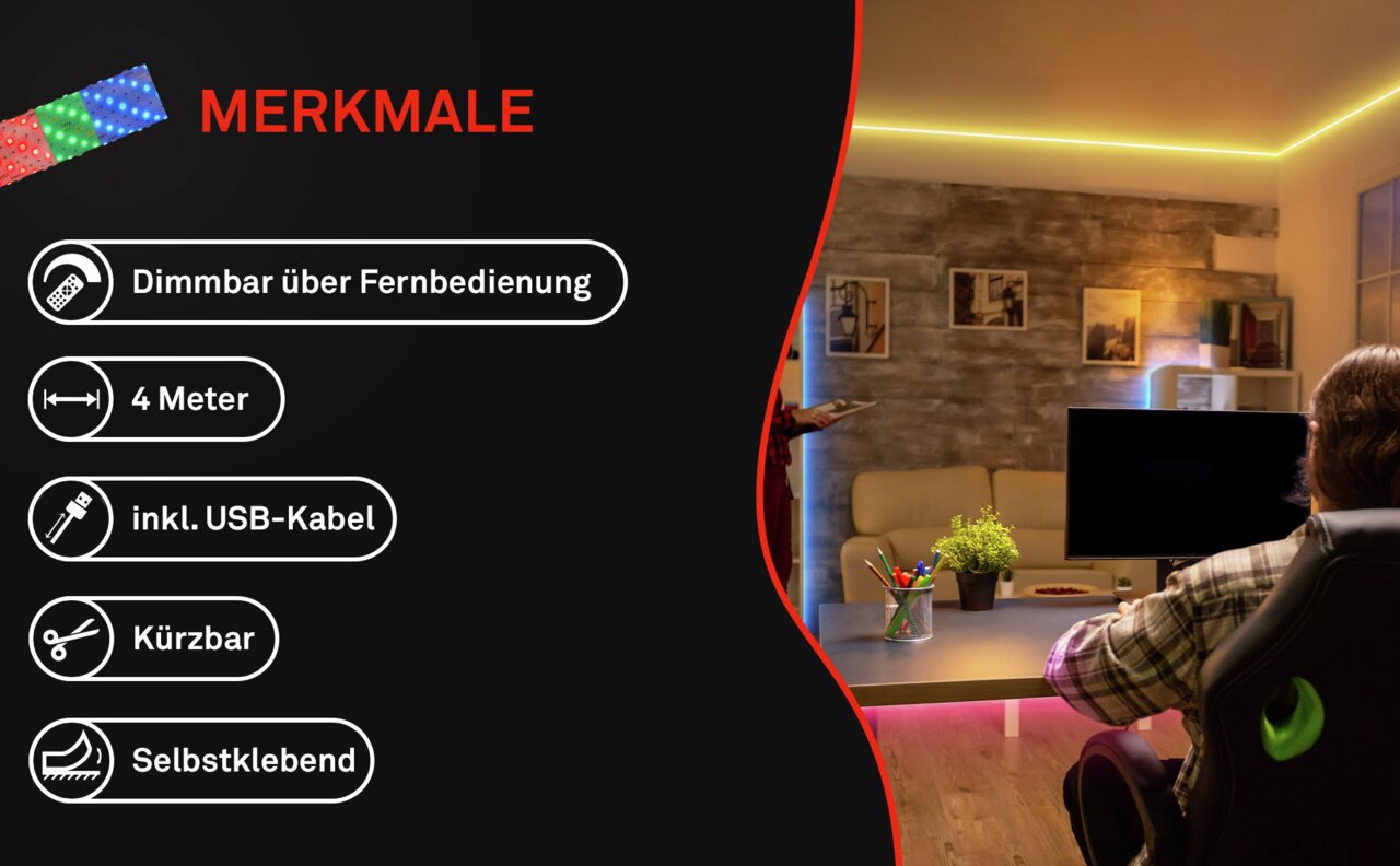 RGB-LED Flexband, 4 Meter lang, dimmbar über Fernbedienung, selbstklebend, inklusive USB-Kabel, in einem modernen Wohnzimmer installiert, Perspektive von der Seite