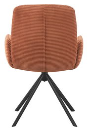 Rückansicht eines Armlehnstuhls mit braunem Stoffbezug und schwarzen Metallbeinen