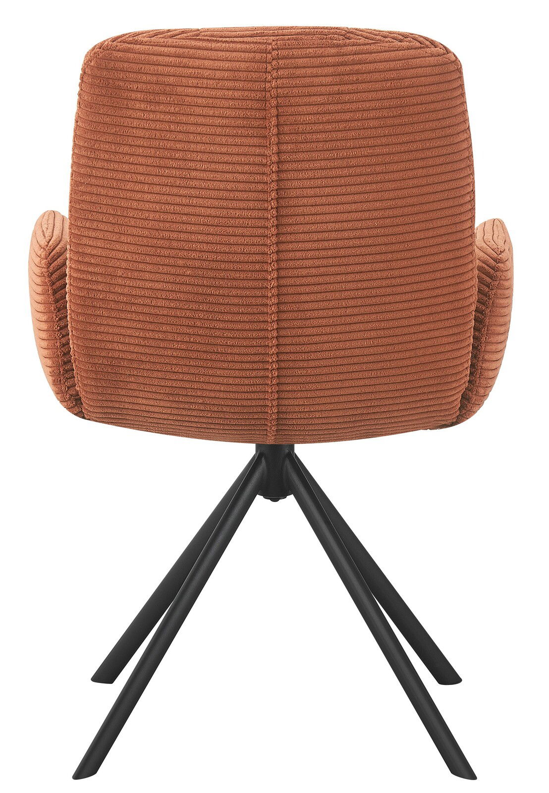 Rückansicht eines Armlehnstuhls mit braunem Stoffbezug und schwarzen Metallbeinen