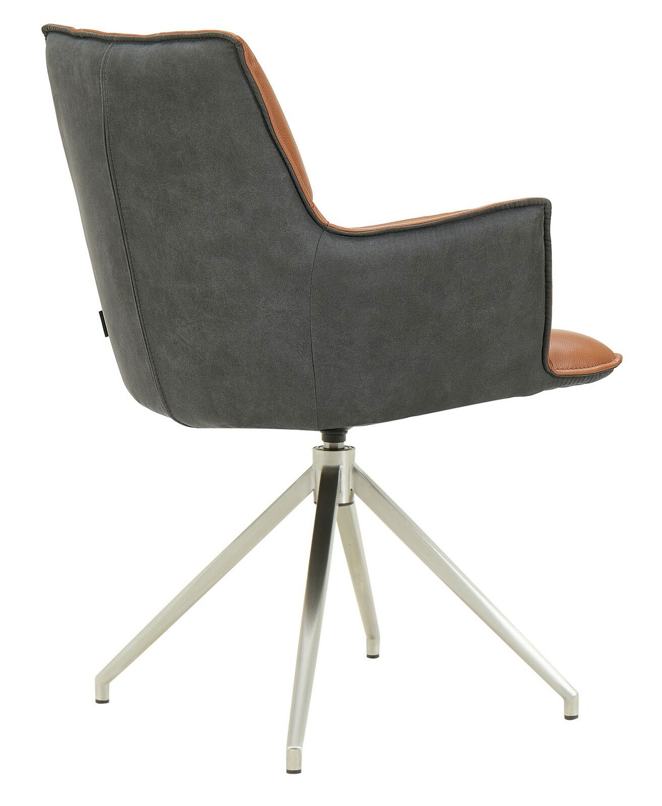 Moderner Sessel mit grauem Stoffbezug und braunen Akzenten, auf einem stabilen Metallgestell, seitliche Perspektive.