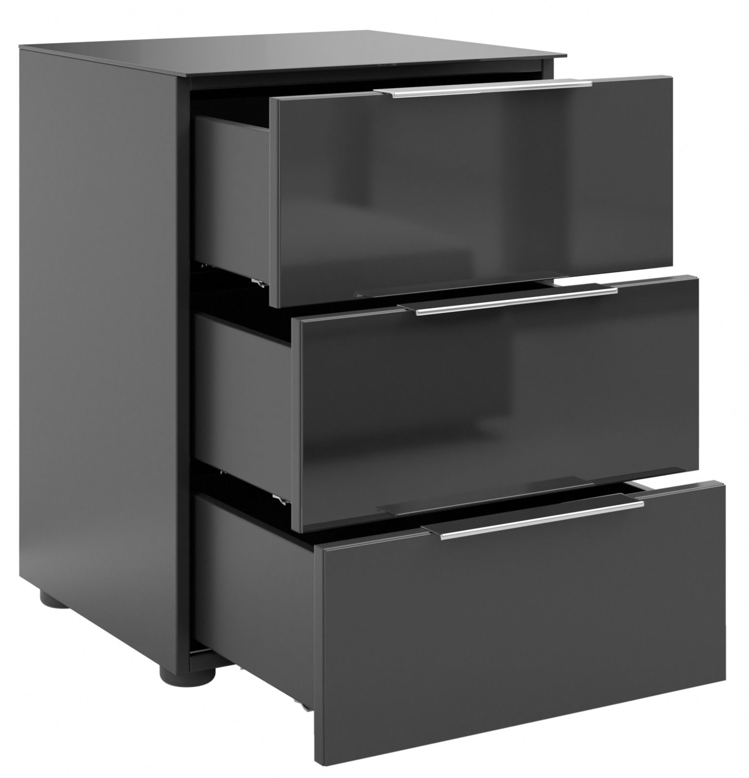 Moderne Nachtkommode mit drei offenen Schubladen in dunklem Design, seitliche Perspektive