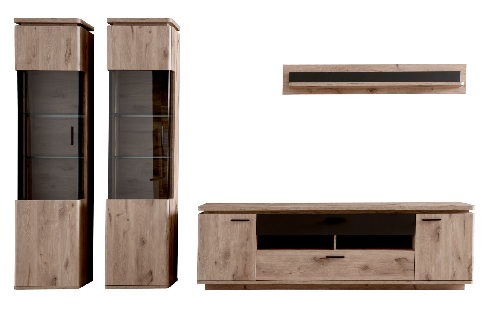 Zurbrüggen Wandcombinatie MODENA Woonkamermeubelset in eikenlook met vitrinekast met glazen deur, tv-lowboard en wandplank met zwarte accentlijst, afgebeeld in vooraanzicht en zijaanzicht op een witte achtergrond