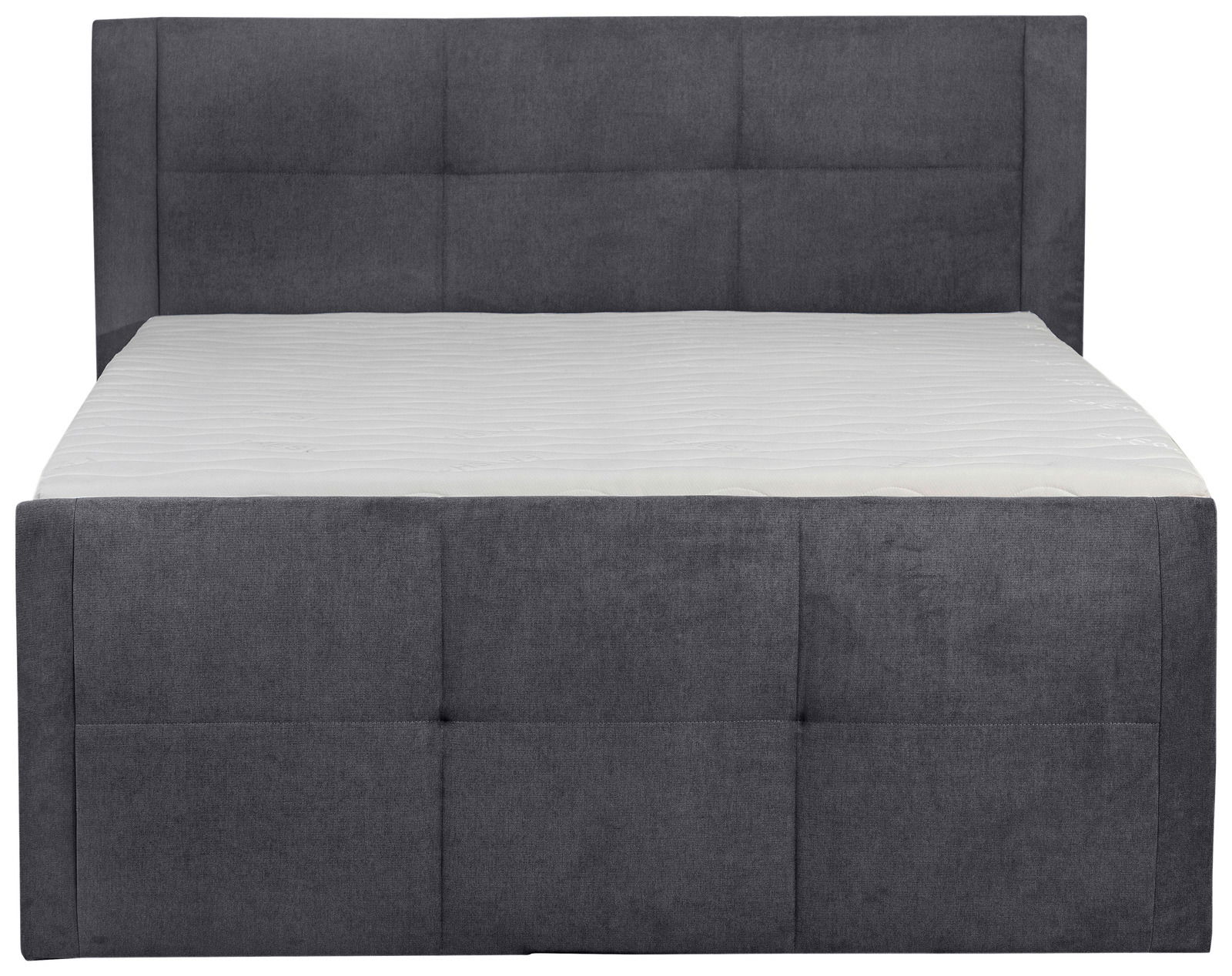 Frontale Ansicht eines grauen Boxspringbetts mit gepolstertem Kopfteil und schlichtem Design.