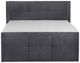 Frontale Ansicht eines grauen Boxspringbetts mit gepolstertem Kopfteil und schlichtem Design.