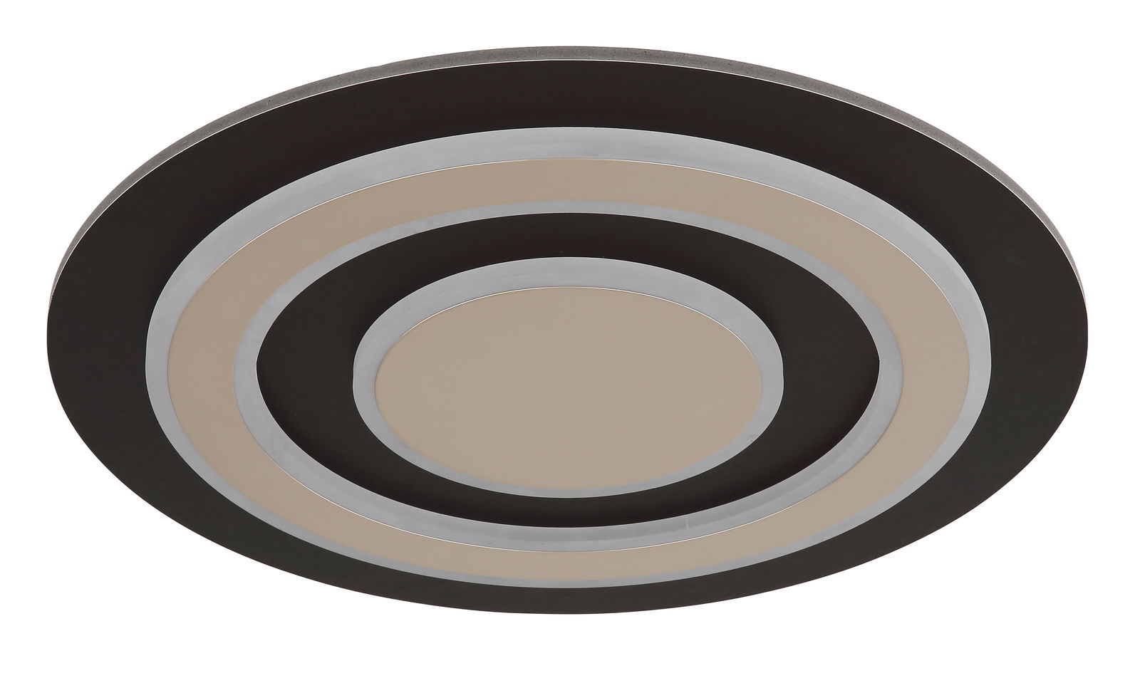 Moderne Deckenleuchte mit konzentrischen Kreisen in verschiedenen Farben, seitliche Perspektive