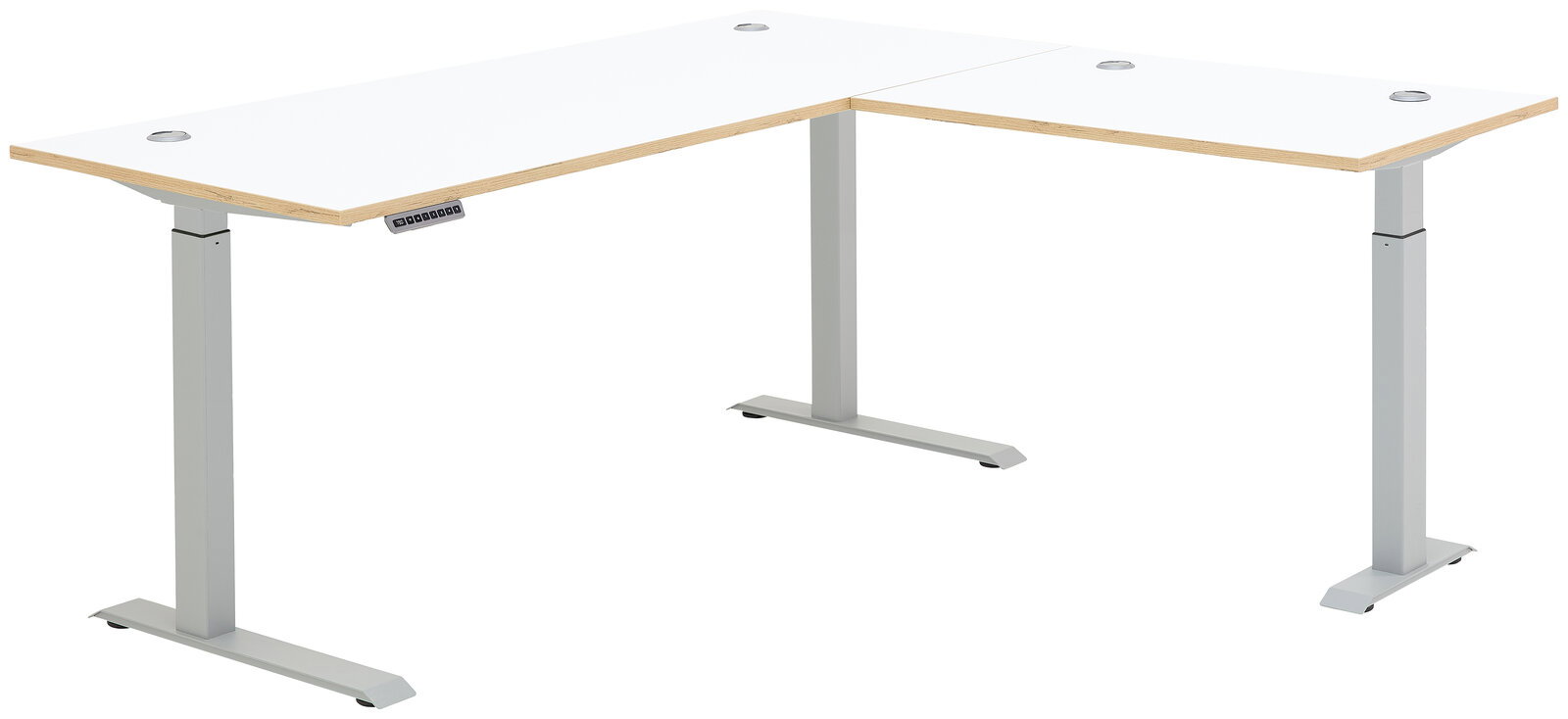 Moderner E-Eckschreibtisch mit weißer Tischplatte und höhenverstellbaren silbernen Beinen, seitliche Perspektive