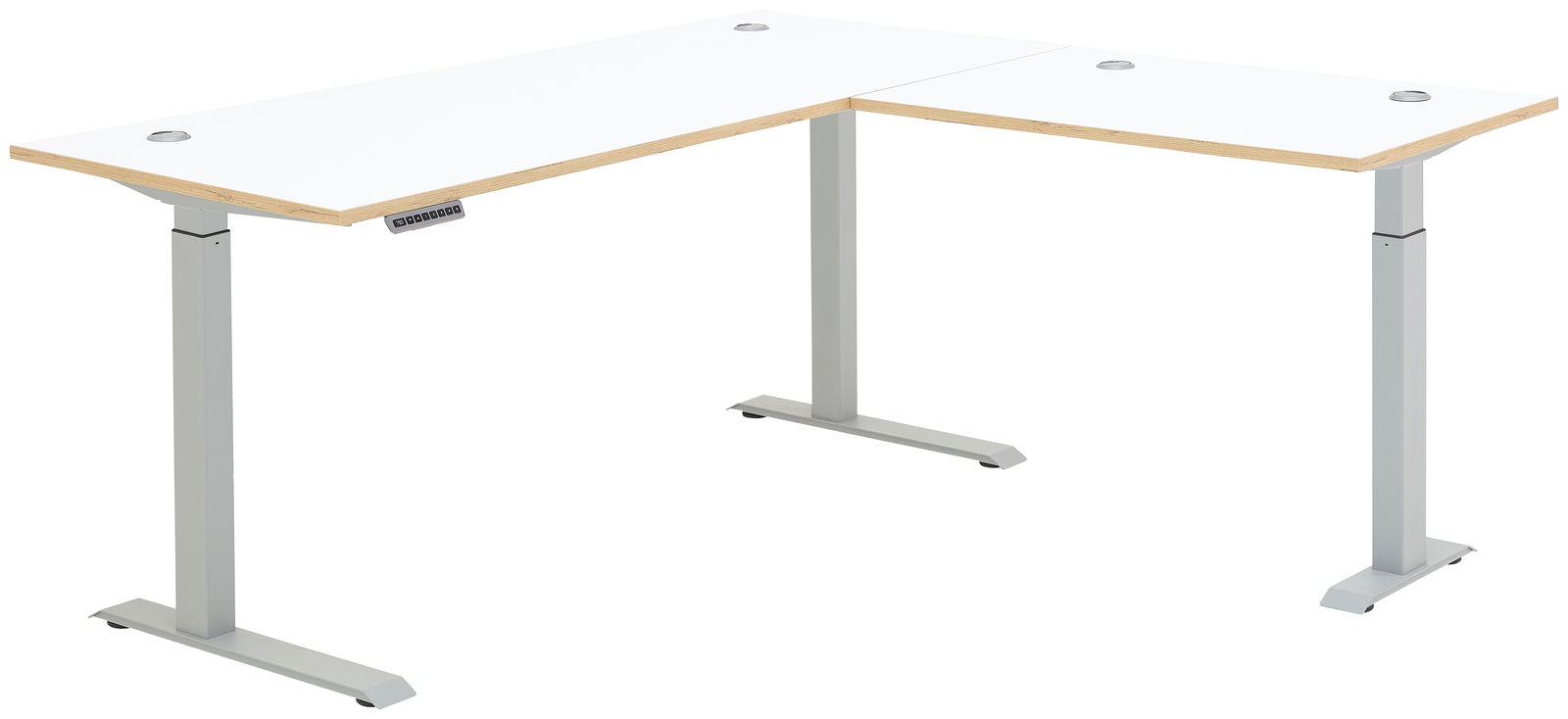 Moderner E-Eckschreibtisch mit weißer Tischplatte und höhenverstellbaren silbernen Beinen, seitliche Perspektive