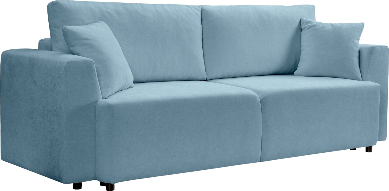 MID.YOU Schlafsofa POINT Hellblaues 2-Sitzer-Sofa mit breiten Armlehnen und zwei Rückenkissen, freigestellt auf weißem Hintergrund, Ansicht schräg von vorne.