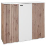 Moderner XL-Schuhschrank mit weißer Front und seitlichen Holzlamellen, Frontalansicht