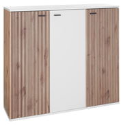 Moderner XL-Schuhschrank mit weißer Front und seitlichen Holzlamellen, Frontalansicht