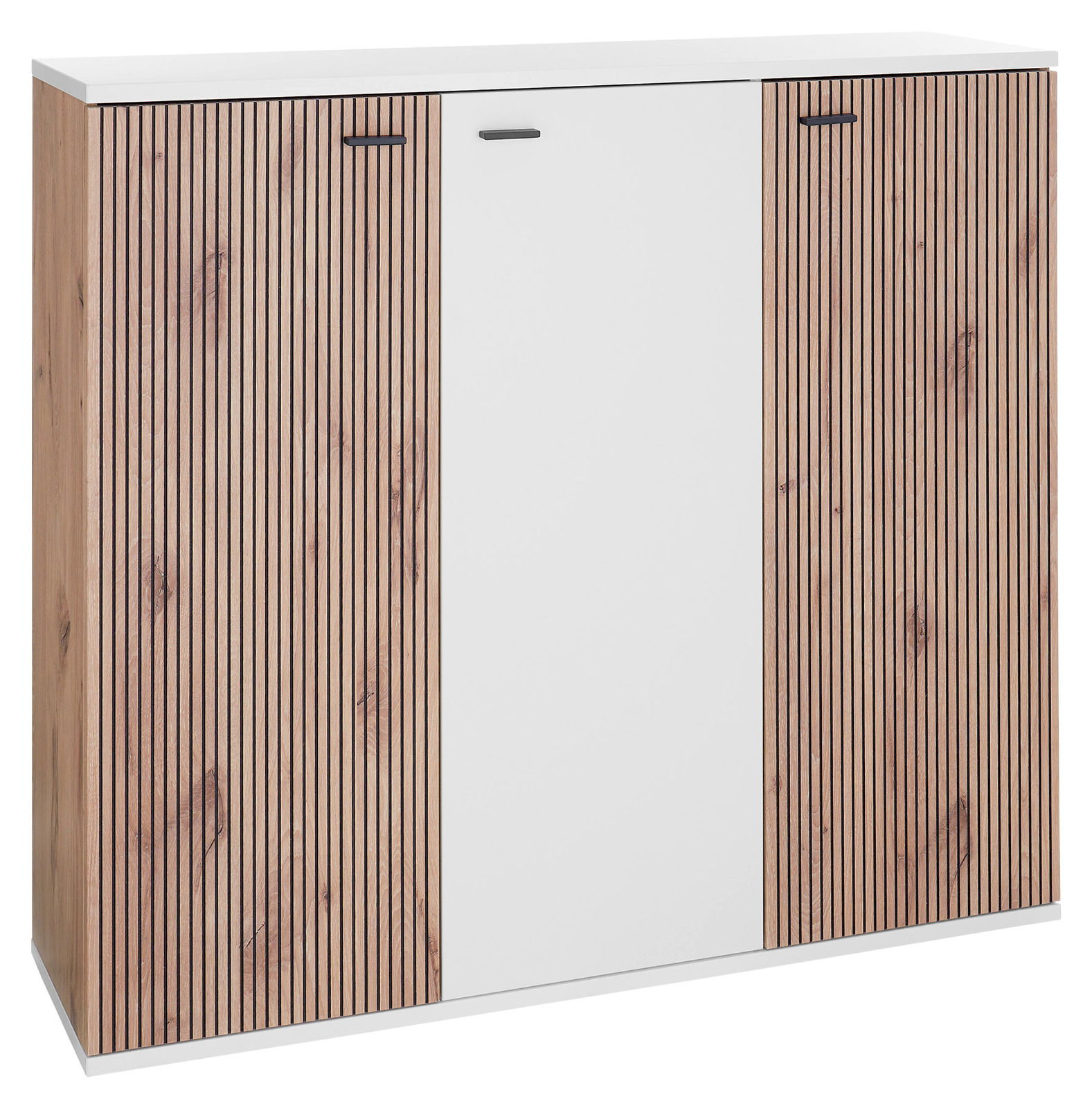 Moderner XL-Schuhschrank mit weißer Front und seitlichen Holzlamellen, Frontalansicht