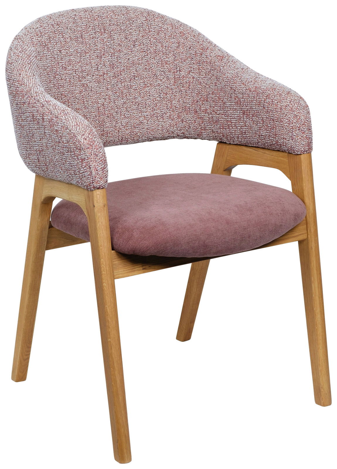Moderner Armlehnstuhl mit rosa Polsterung und Holzbeinen, seitliche Perspektive