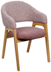 Moderne fauteuil met roze bekleding en houten poten, zijaanzicht