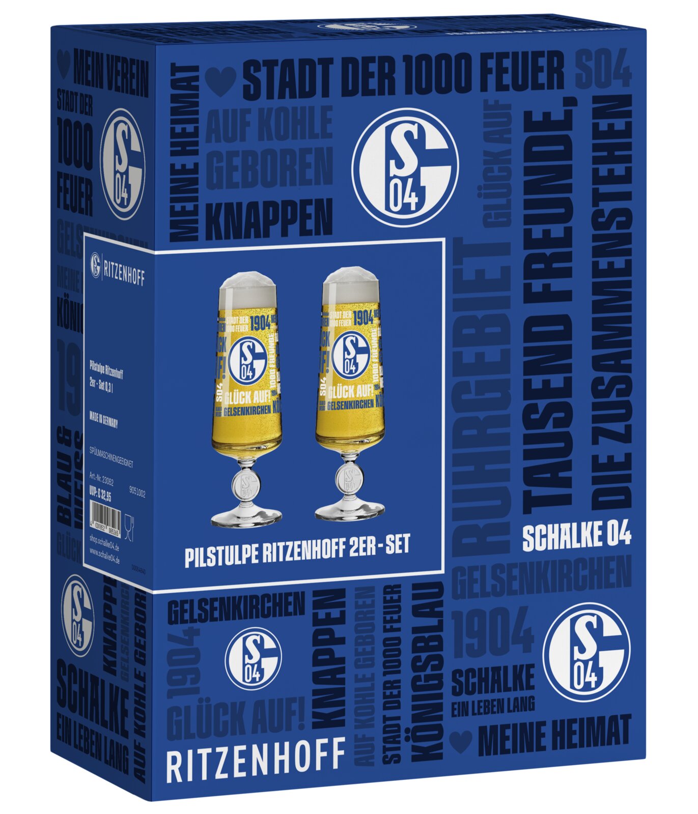 Ritzenhoff Schalke 04 Pilstulpen im 2er-Set in blauer Geschenkverpackung, dargestellt in leicht erhöhter Dreiviertelansicht von vorn links