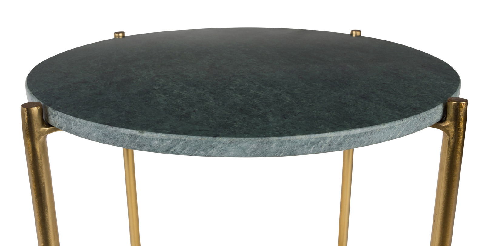 Runder Beistelltisch mit dunkelgrüner Marmorplatte und goldenen Beinen, seitliche Perspektive