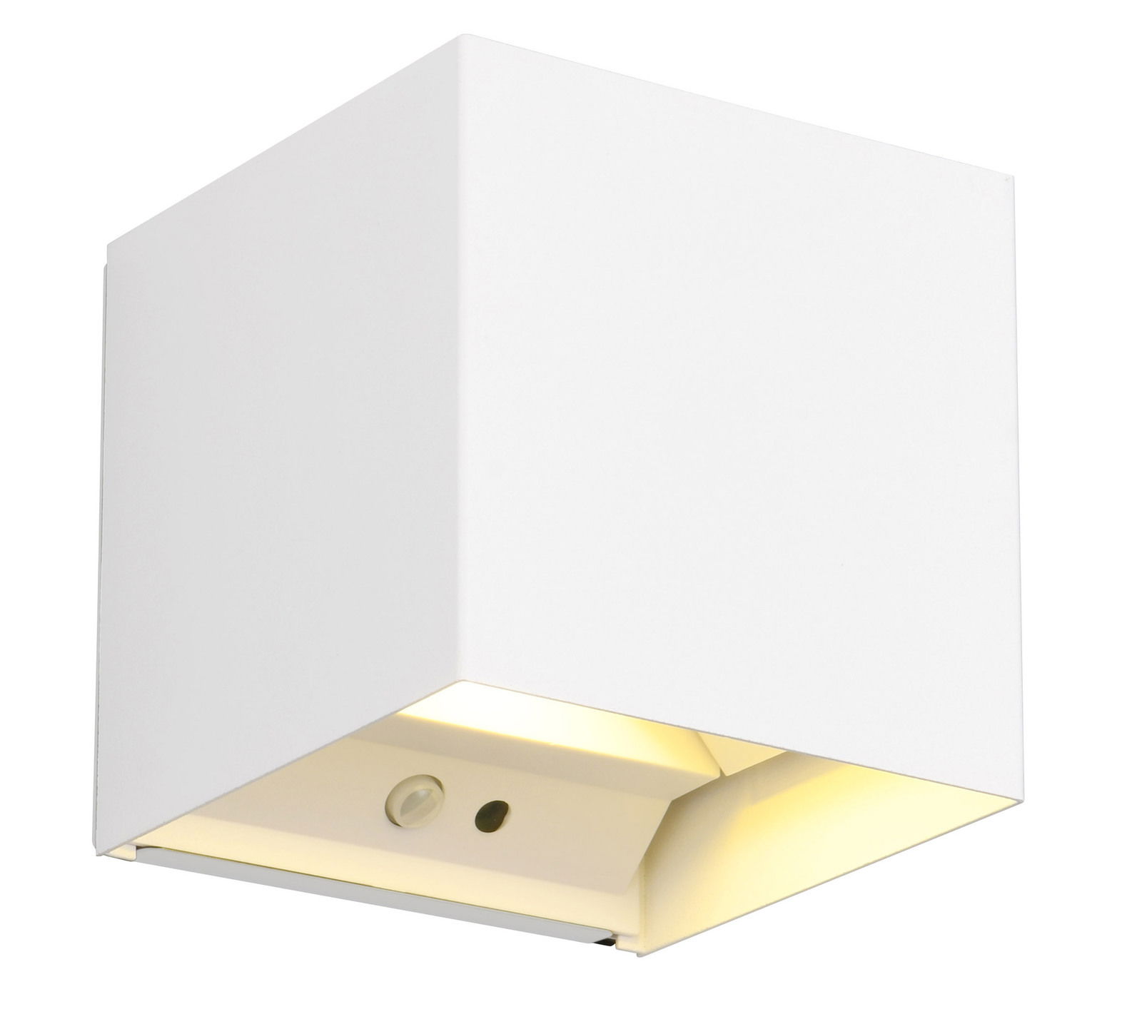 Weiße, kubische Akku-Wandleuchte TALENT, seitliche Perspektive
