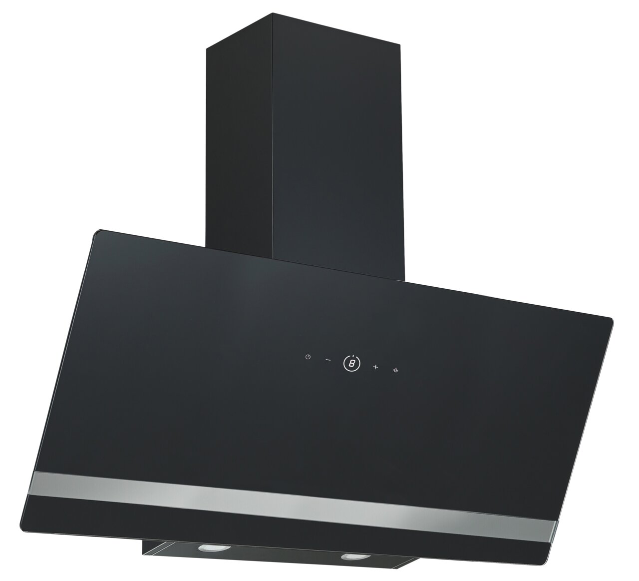 Moderne schwarze Dunstabzugshaube mit schrägem Design, Frontansicht