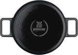 Schwarzer WMF Flavour Bräter 24cm, Draufsicht mit zwei Griffen und WMF-Logo in der Mitte.