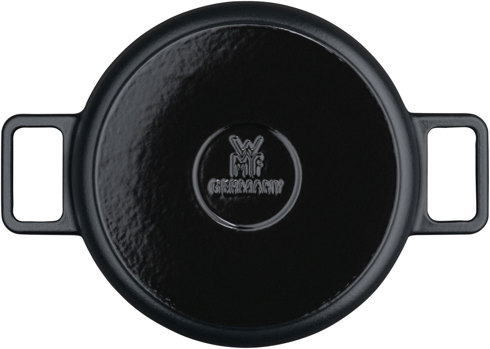 Schwarzer WMF Flavour Bräter 24cm, Draufsicht mit zwei Griffen und WMF-Logo in der Mitte.
