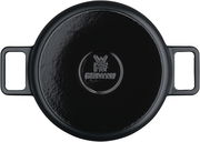 Schwarzer WMF Flavour Bräter 24cm, Draufsicht mit zwei Griffen und WMF-Logo in der Mitte.