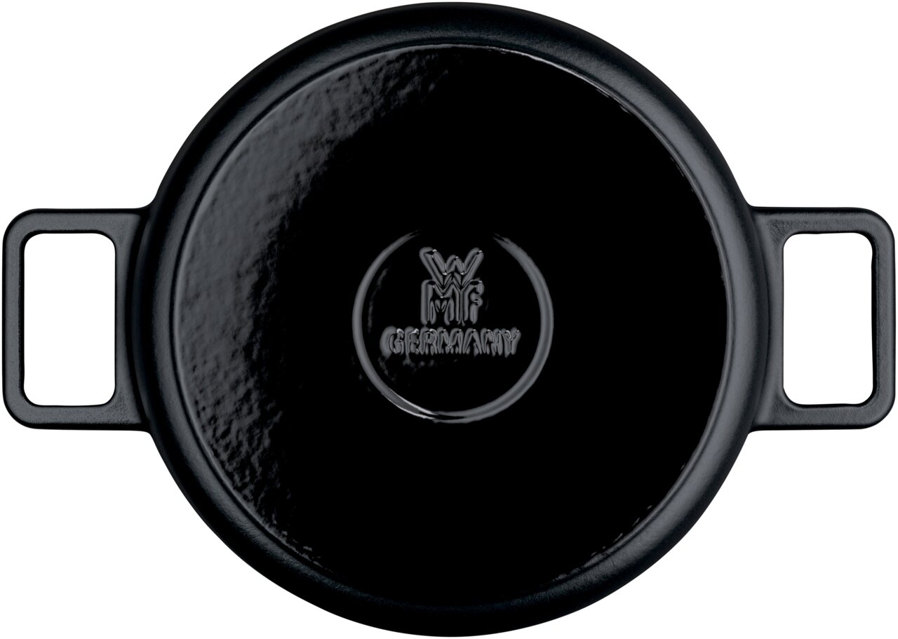 Zwarte WMF Flavour braadpan 24 cm, bovenaanzicht met twee handgrepen en het WMF-logo in het midden.