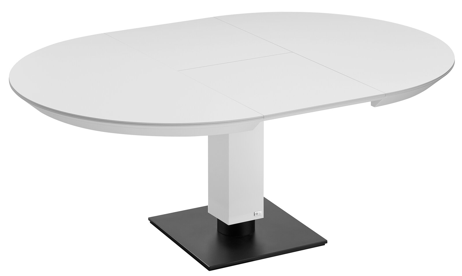 Moderner weißer Esstisch mit ovaler Tischplatte und zentralem Standfuß, seitliche Perspektive