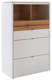 Weißes Highboard-Vitrine mit Holzdetails, seitliche Perspektive