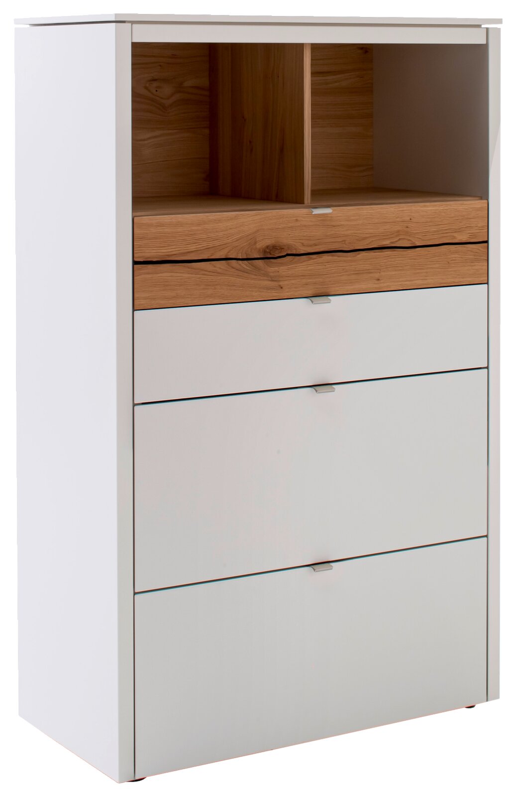 Weißes Highboard-Vitrine mit Holzdetails, seitliche Perspektive