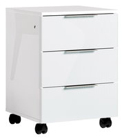 Weißer Rollcontainer mit drei Schubladen, auf Rollen, seitliche Perspektive
