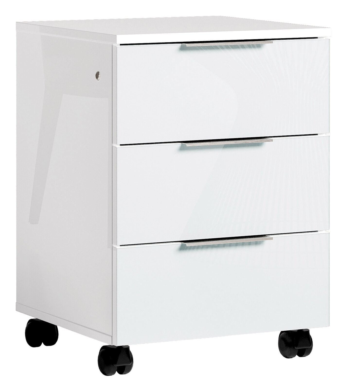 Weißer Rollcontainer mit drei Schubladen, auf Rollen, seitliche Perspektive