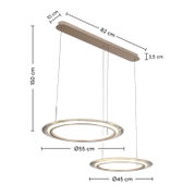 Moderne led-hanglamp met twee ronde lichtringen, met een diameter van 55 cm en 45 cm, gezien vanaf de zijkant.