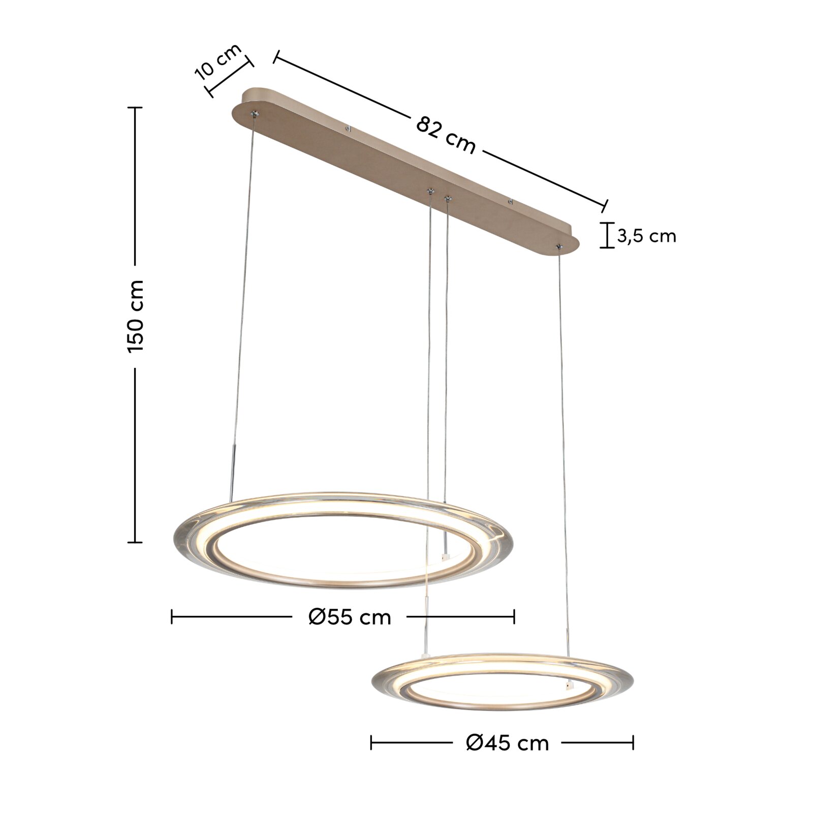 Moderne led-hanglamp met twee ronde lichtringen, met een diameter van 55 cm en 45 cm, gezien vanaf de zijkant.