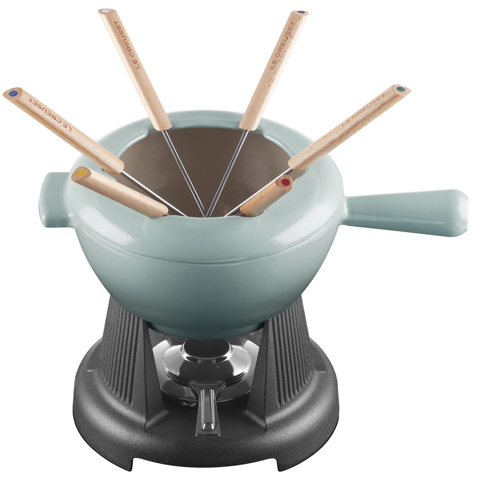 Fondue-Set in Meersalzfarbe mit sechs Holzgriffen, von oben betrachtet.