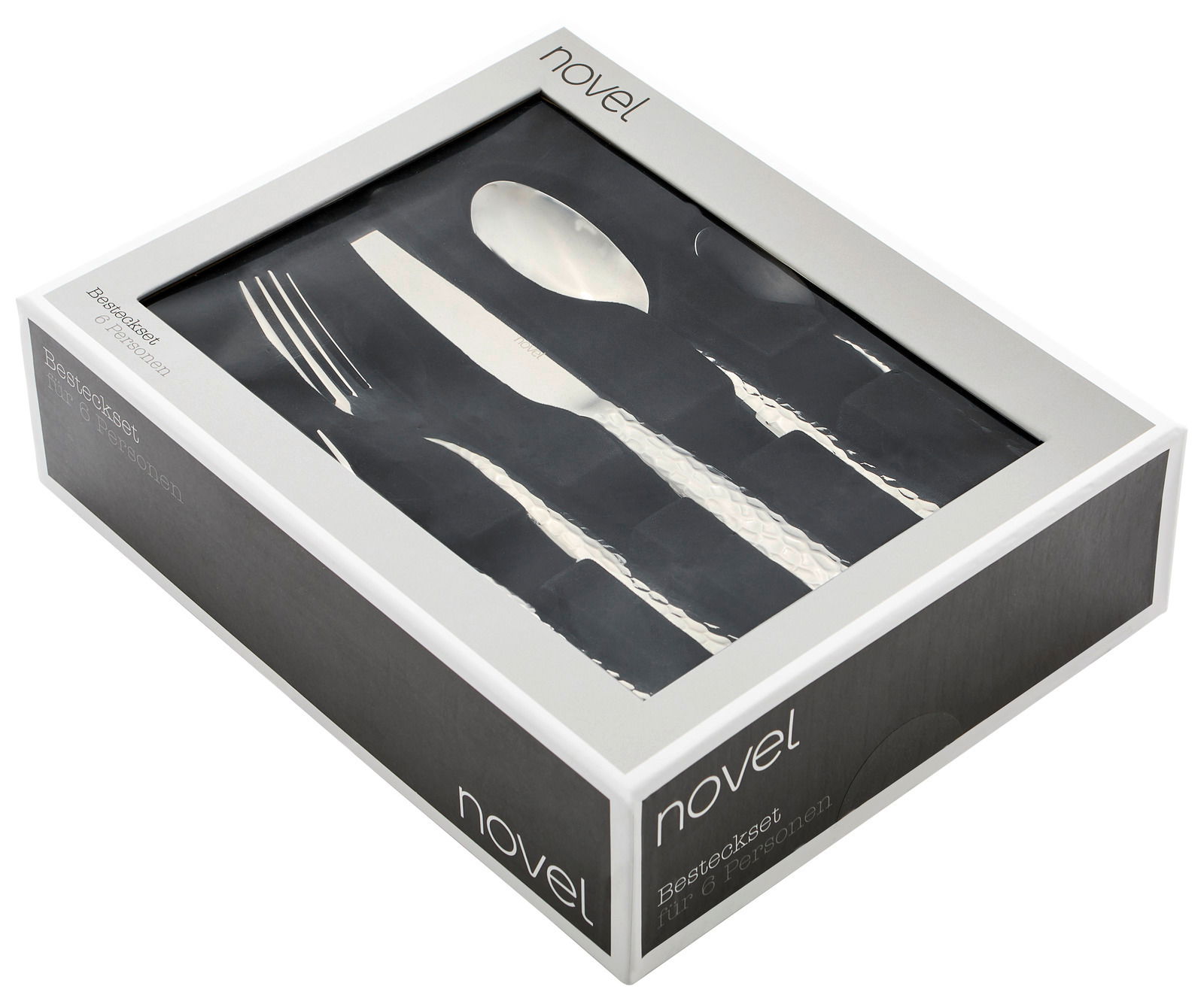 Novel Besteckset 30-tlg. Verpacktes Besteckset für 6 Personen in einer Box, Perspektive von schräg oben