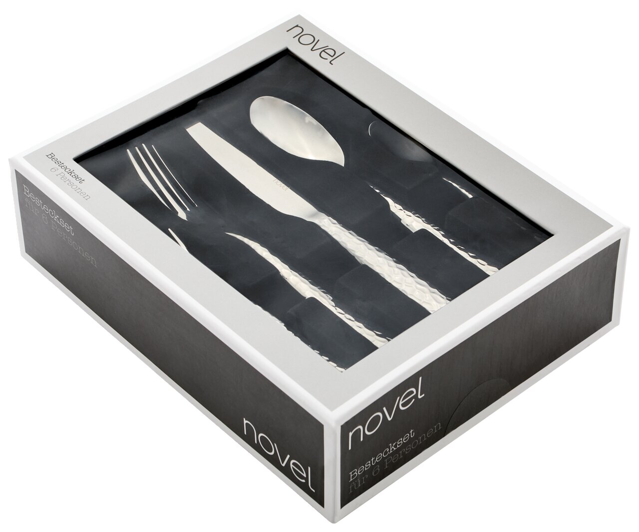 Verpacktes Besteckset für 6 Personen in einer Box, Perspektive von schräg oben