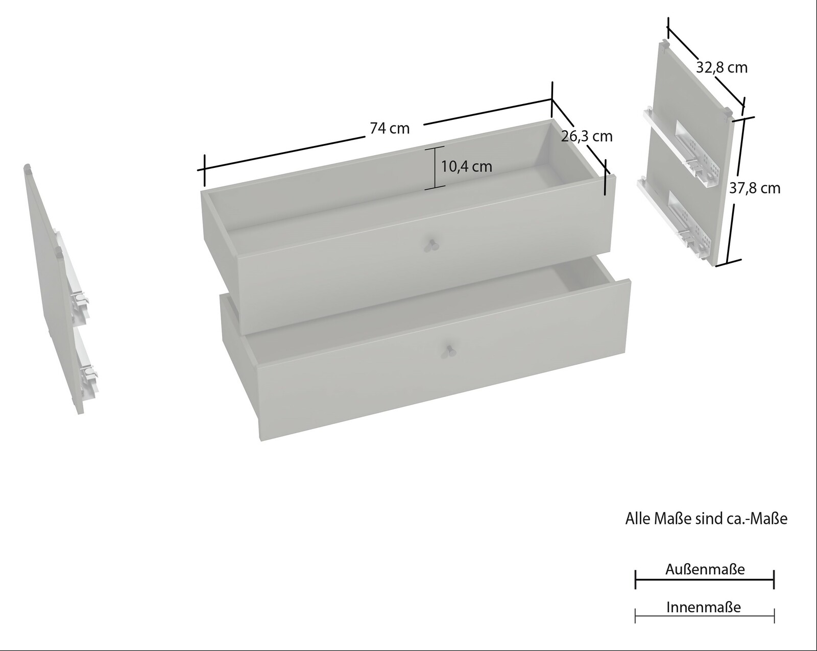 Zwei Schubladen in einem Set, perspektivische Ansicht von oben mit Maßangaben. Die Schubladen sind 74 cm breit, 26,3 cm tief und 10,4 cm hoch. Zusätzliche Frontansicht der Schubladenfronten mit Maßen 32,8 cm x 37,8 cm.