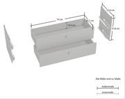 Zwei Schubladen in einem Set, perspektivische Ansicht von oben mit Maßangaben. Die Schubladen sind 74 cm breit, 26,3 cm tief und 10,4 cm hoch. Zusätzliche Frontansicht der Schubladenfronten mit Maßen 32,8 cm x 37,8 cm.