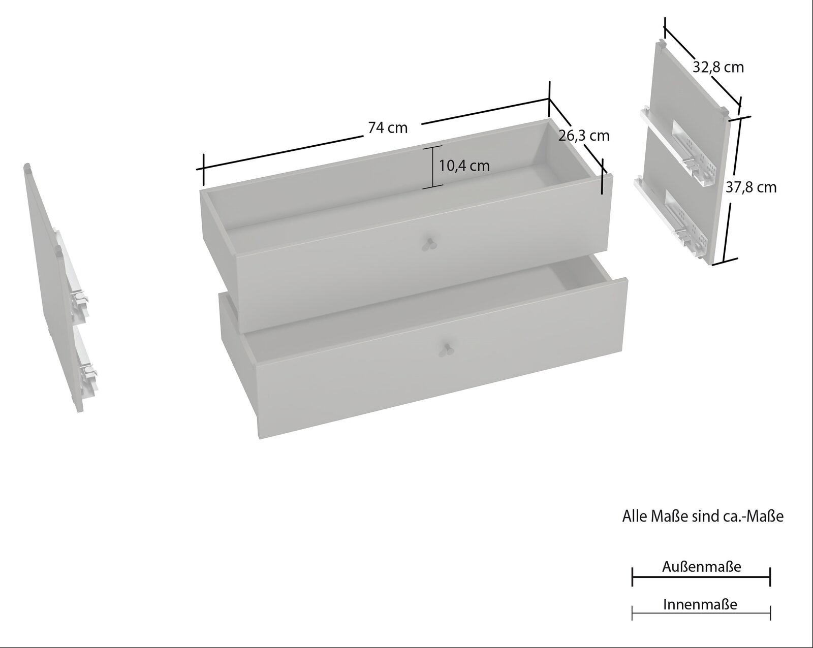 Zwei Schubladen in einem Set, perspektivische Ansicht von oben mit Maßangaben. Die Schubladen sind 74 cm breit, 26,3 cm tief und 10,4 cm hoch. Zusätzliche Frontansicht der Schubladenfronten mit Maßen 32,8 cm x 37,8 cm.