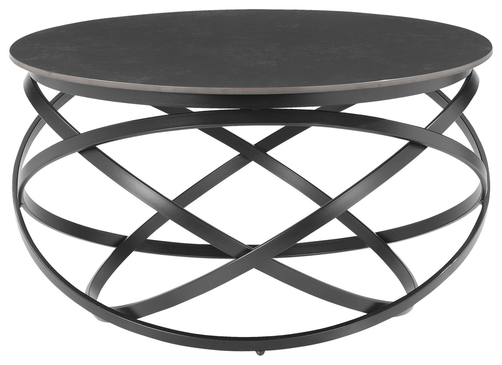 Stylife Couchtisch ANNA Moderner runder Couchtisch mit schwarzer Tischplatte und kunstvollem Metallgestell, Frontalansicht.