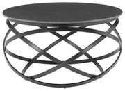 Moderner runder Couchtisch mit schwarzer Tischplatte und kunstvollem Metallgestell, Frontalansicht.