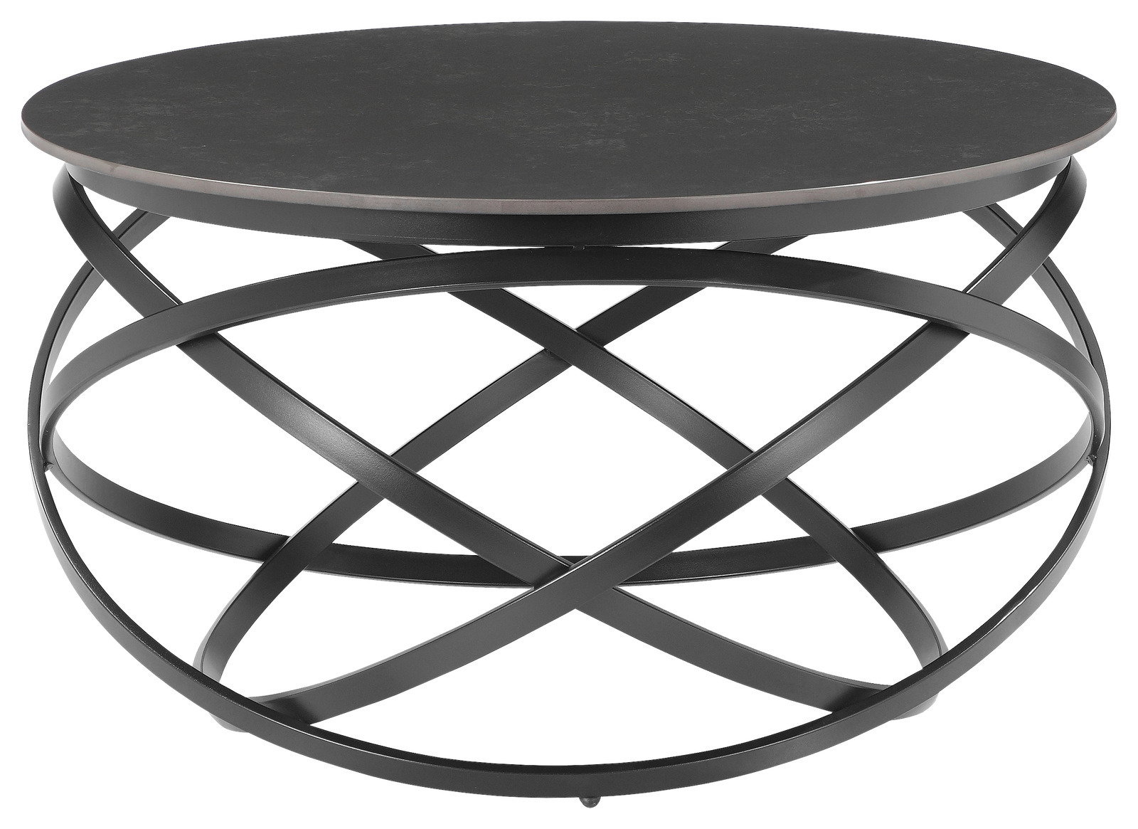 Stylife Couchtisch ANNA Moderner runder Couchtisch mit schwarzer Tischplatte und kunstvollem Metallgestell, Frontalansicht.