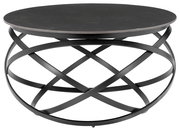 Moderner runder Couchtisch mit schwarzer Tischplatte und kunstvollem Metallgestell, Frontalansicht.